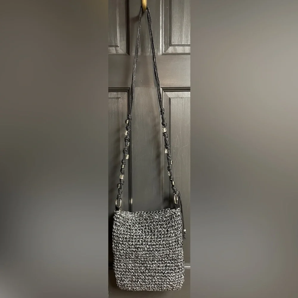 Sun’N’Sand Black Crochet/Woven Crossbody Bag with Metallic Silver Thread & Beads